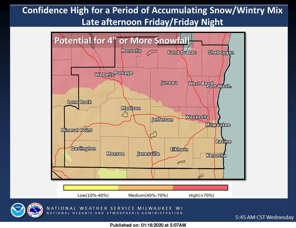 Probability for 4 inches-plus snowfall Friday-Saturday by National Weather Service